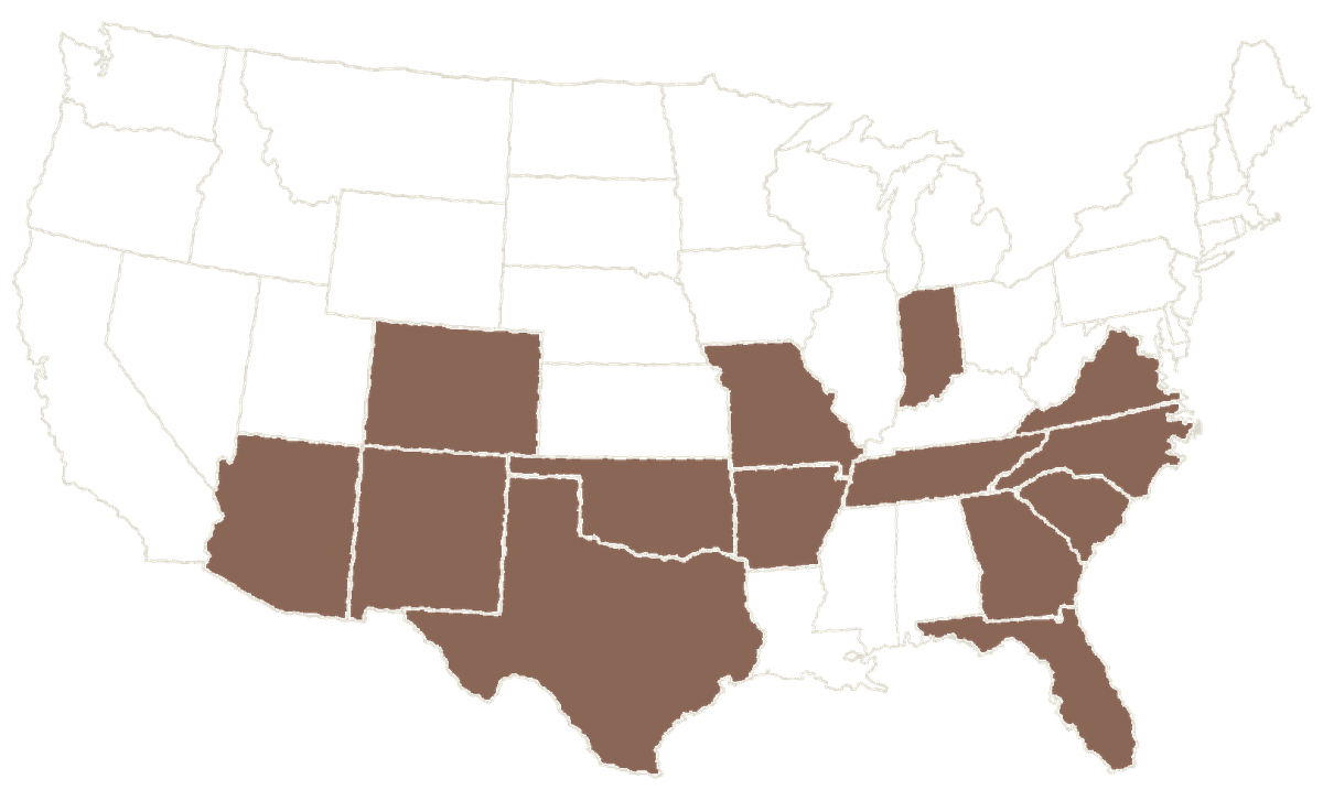 Map of the lower 48 United States with the 14 states Solvara serves shaded