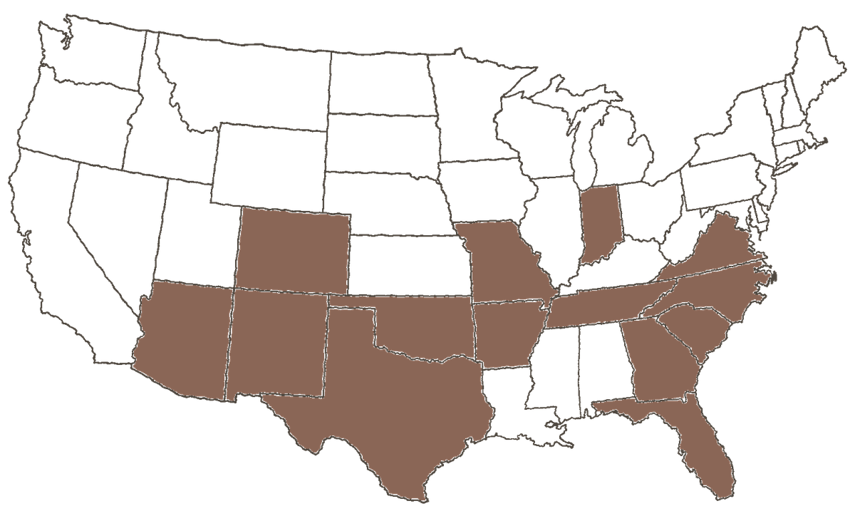 Map of the lower 48 United States with the 14 states Solvara serves shaded in Tanbark