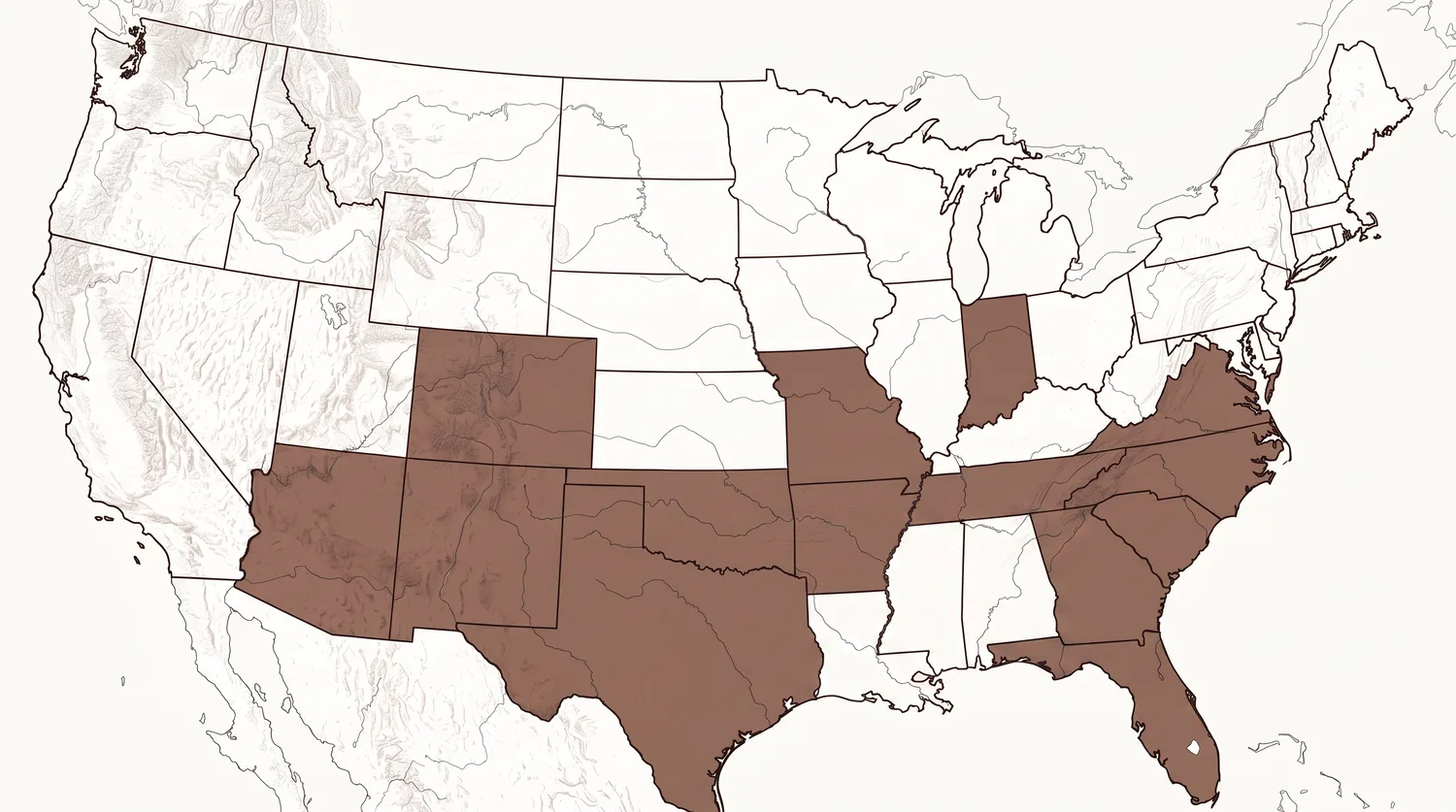 Topographic map of the United States with the 14 states Solvara serves shaded